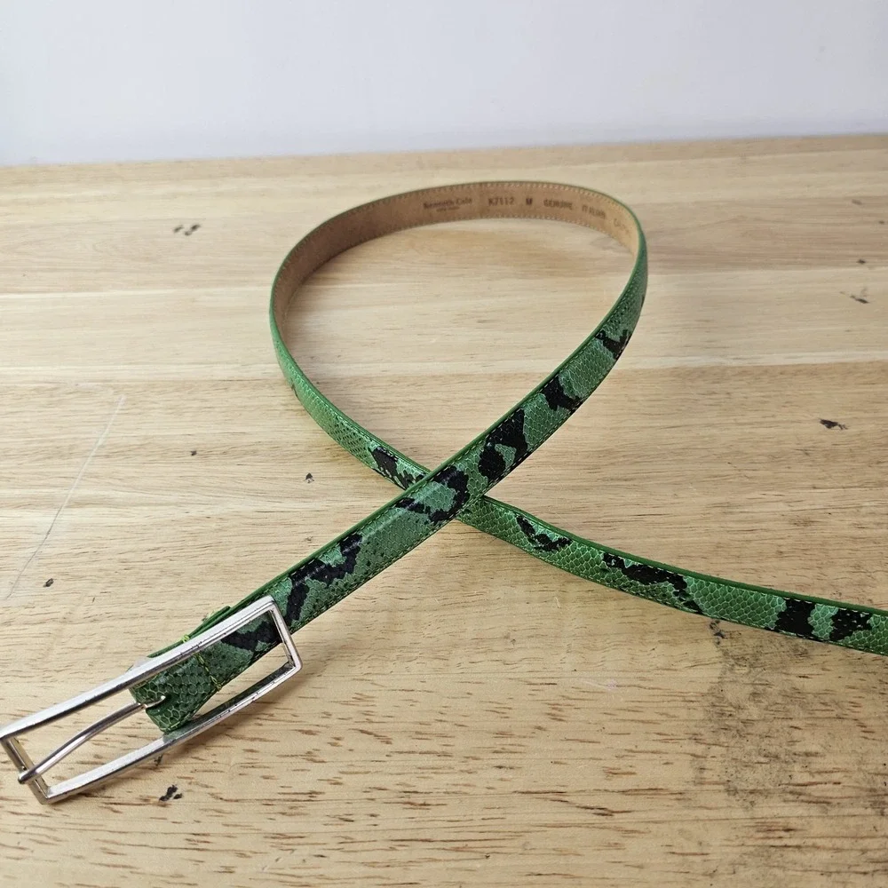 Kenneth Cole Green Womens Belt Skinny K7112 M Italian Calfskin Leather Snakeskin